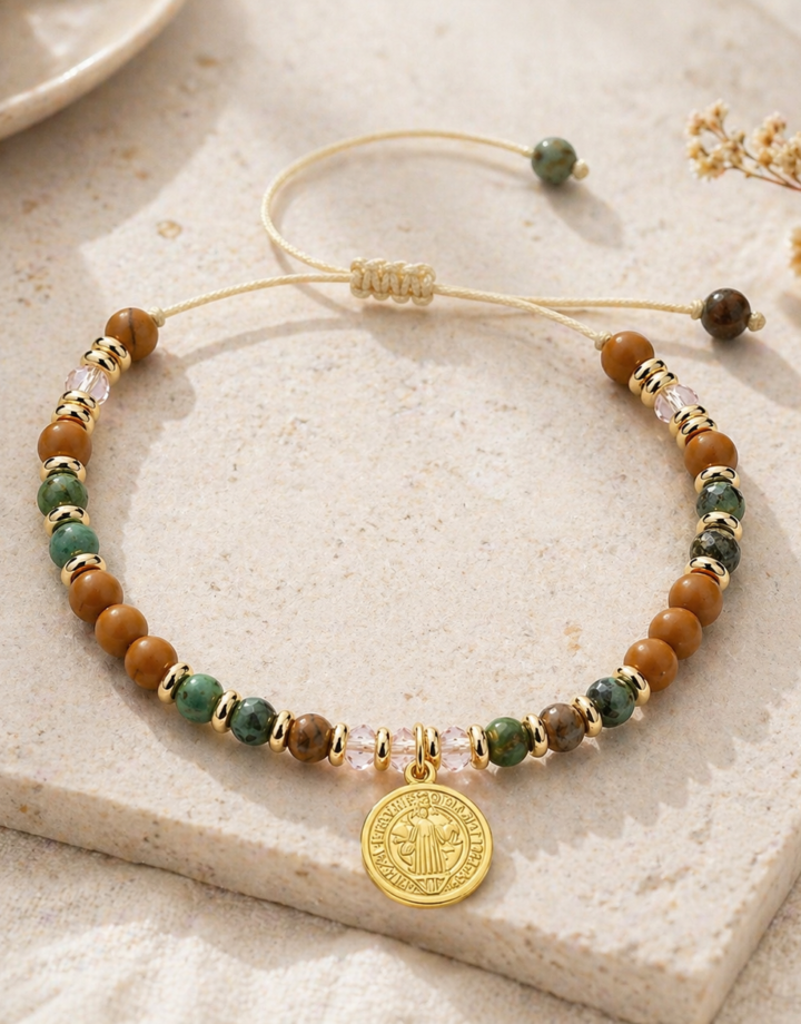 Saint Benedict Colorful Natural Stone Beaded Portrait Bracelet