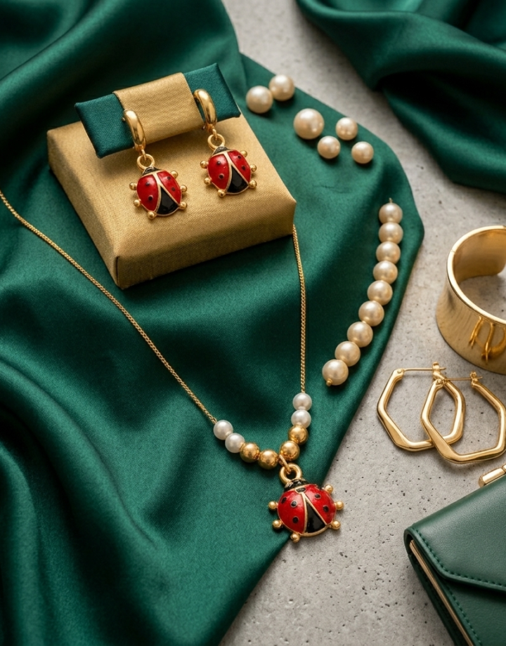 Ladybug Pearl Beaded Necklace + Earrings 3-piece Set