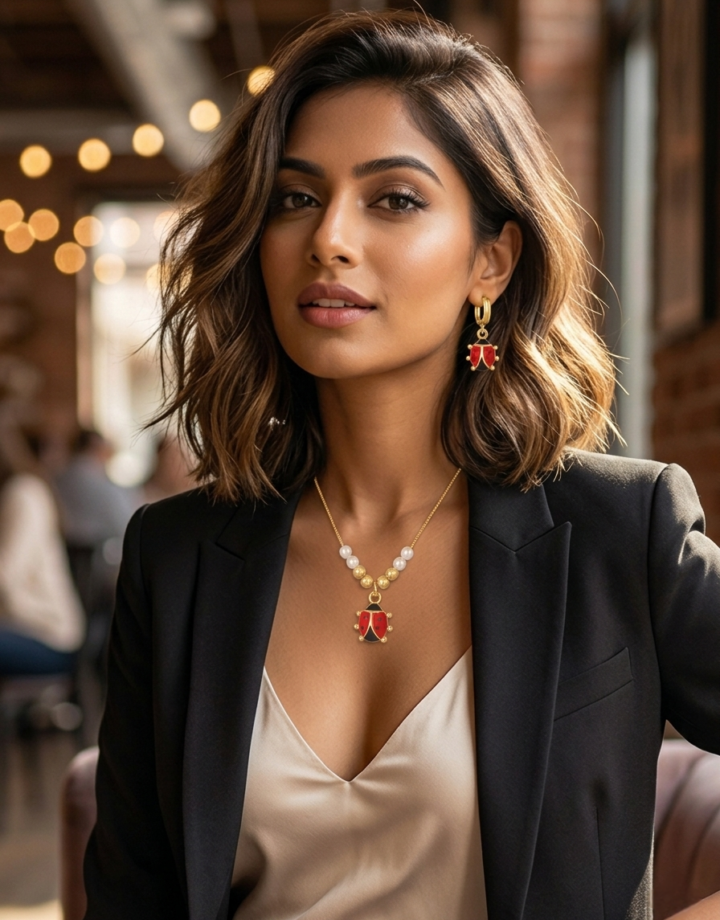 Ladybug Pearl Beaded Necklace + Earrings 3-piece Set
