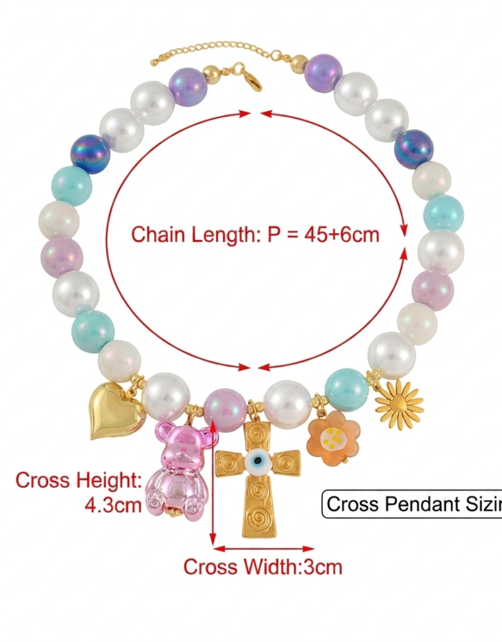 Colorful Evil Eye + Cross + Bear + Bead Necklace