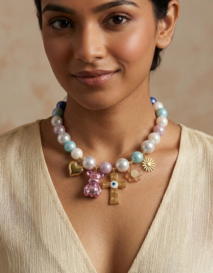 Colorful Evil Eye + Cross + Bear + Bead Necklace