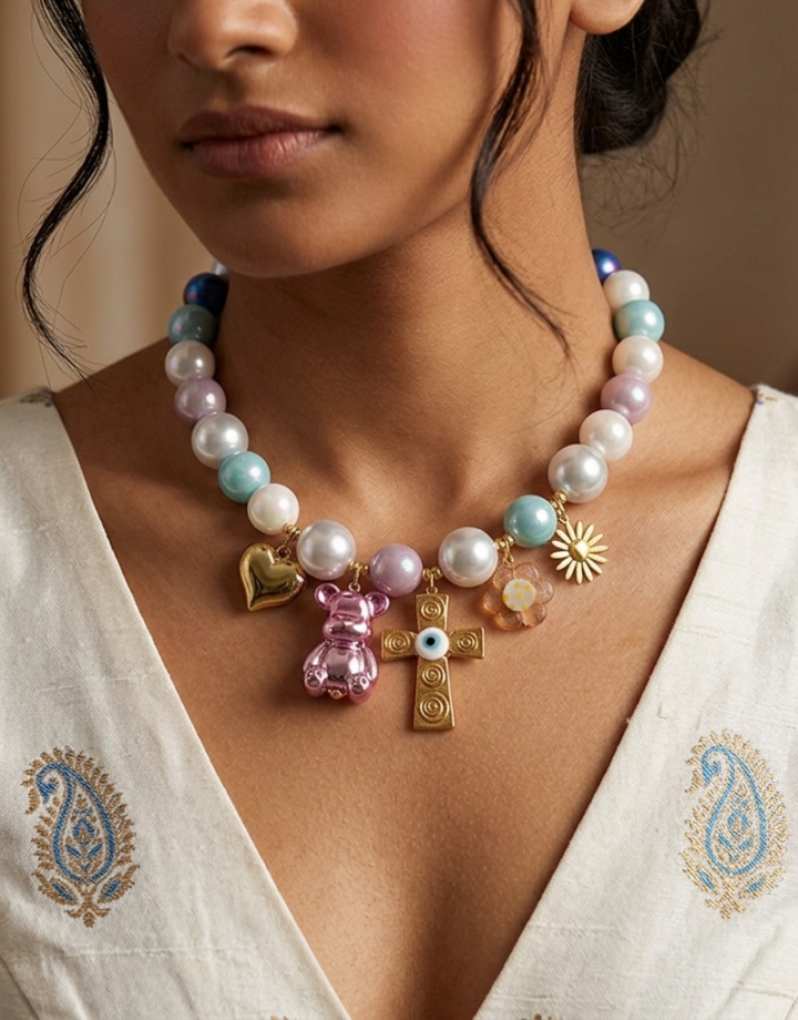 Colorful Evil Eye + Cross + Bear + Bead Necklace