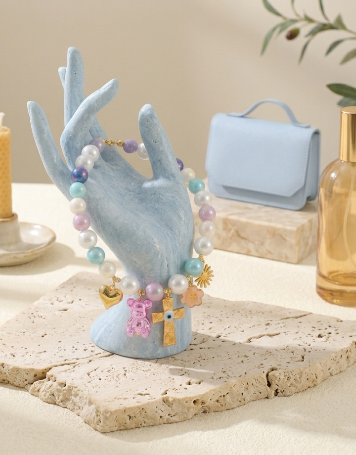 Colorful Evil Eye + Cross + Bear + Bead Necklace