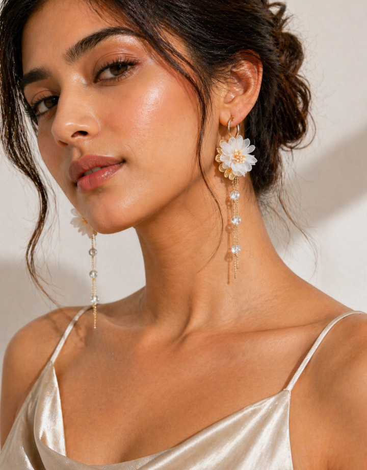 Gold French Fabric Flower Silver Needle Pearl Earrings