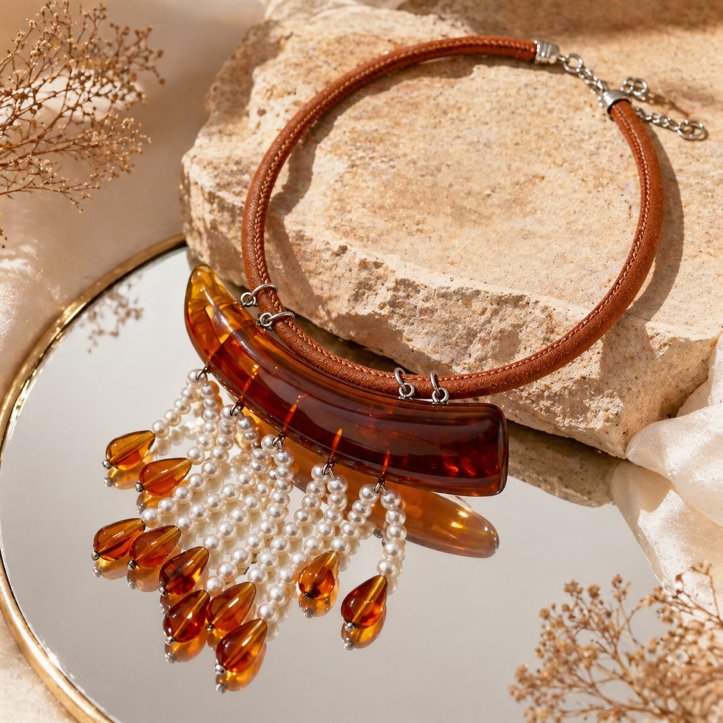 Brown Leather Acrylic Pearl Tassel Necklace