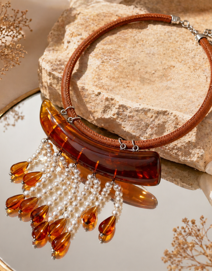 Brown Leather Acrylic Pearl Tassel Necklace