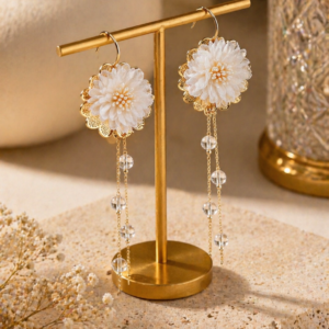Gold French Fabric Flower Silver Needle Pearl Earrings