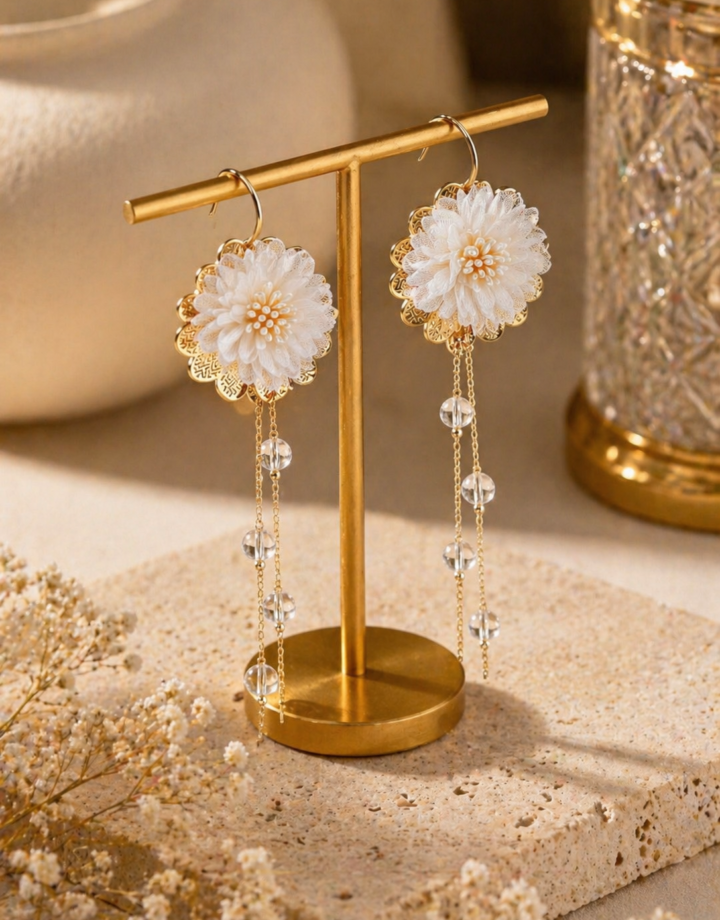 Gold French Fabric Flower Silver Needle Pearl Earrings