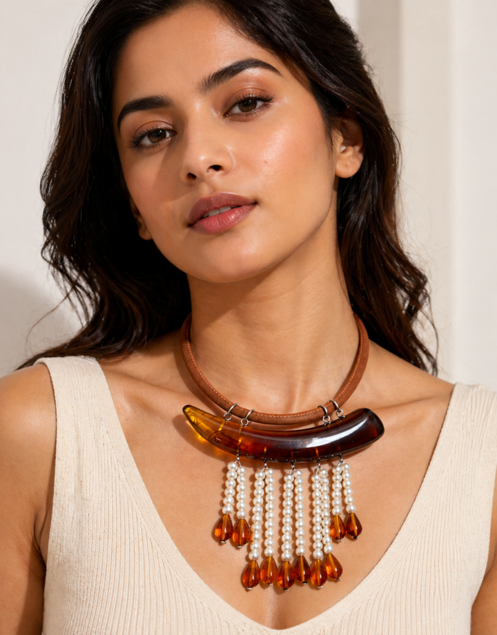 Brown Leather Acrylic Pearl Tassel Necklace