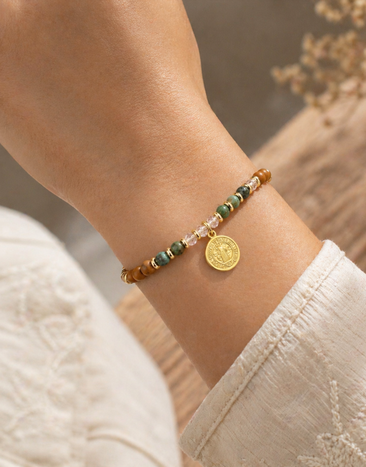 Saint Benedict Colorful Natural Stone Beaded Portrait Bracelet