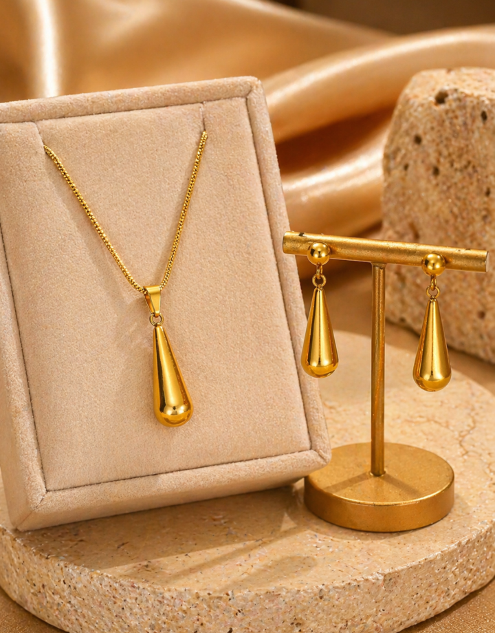 Waterdrop Tassel Jewelry Set - Necklace + Earrings - Gold