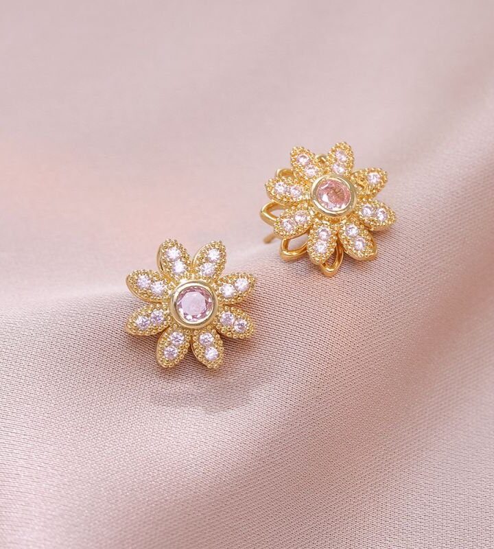 Fashion Pink Flower Rotating Diamond Flower Stud Earrings