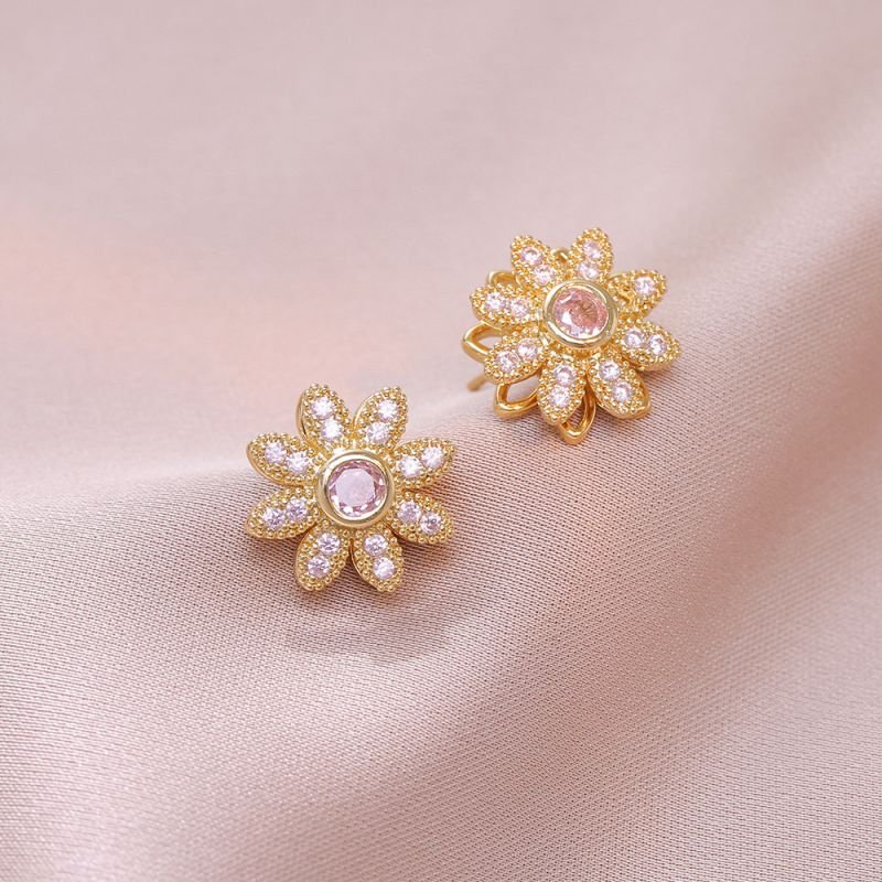 Fashion Pink Flower Rotating Diamond Flower Stud Earrings