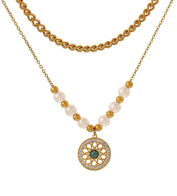 Double-layer Inlaid Zirconium Pearl Flower Turquoise Beaded Necklace