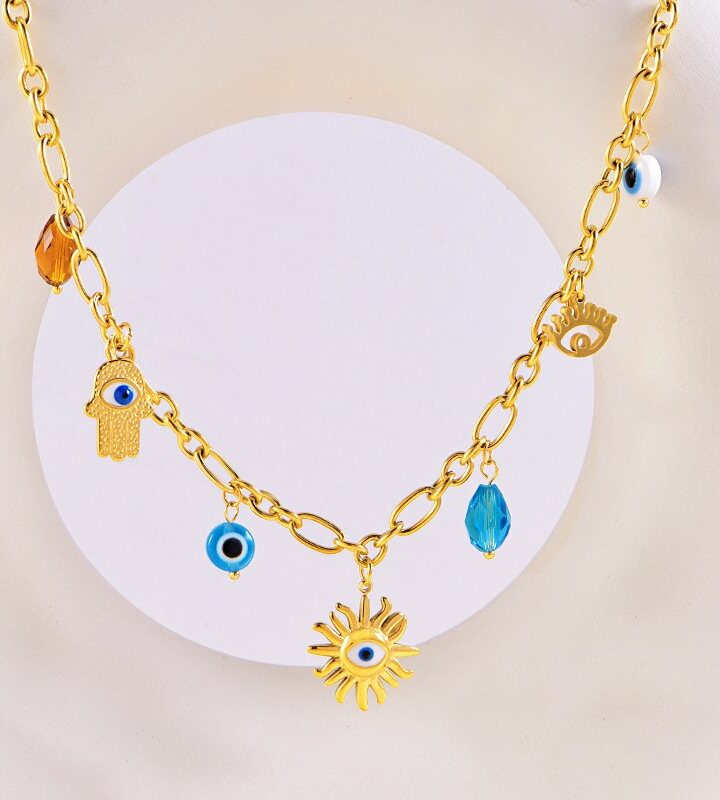 Gold Evil Eye Sun Palm Pendant Necklace