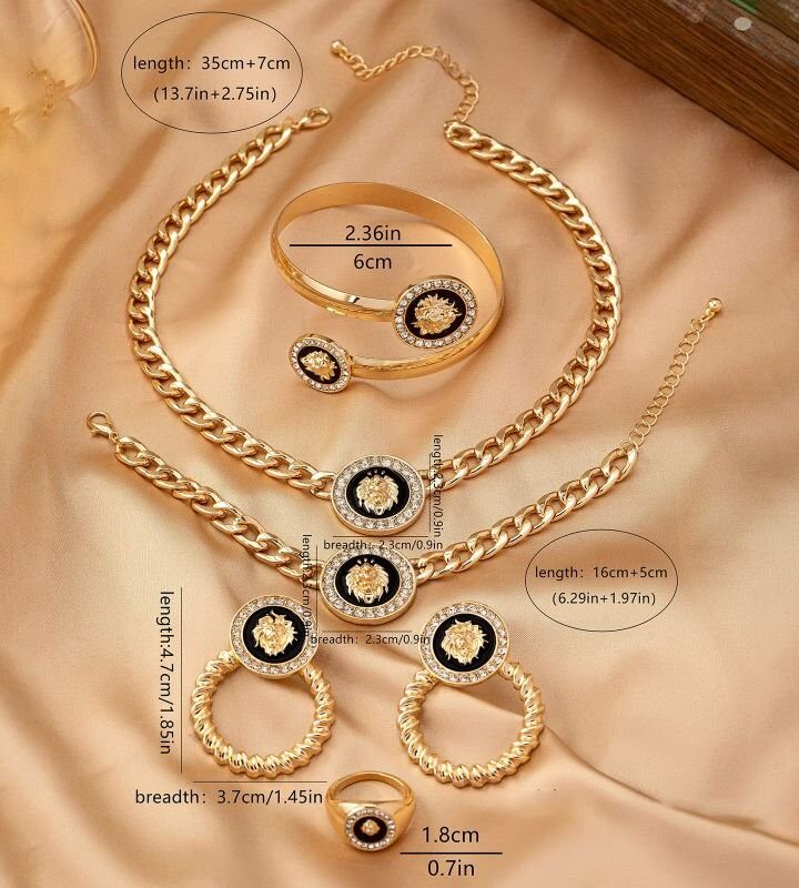 Diamond-studded Lion Head Necklace + Bracelet + Earrings + Ring Set
