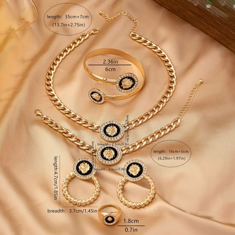 Diamond-studded Lion Head Necklace + Bracelet + Earrings + Ring Set
