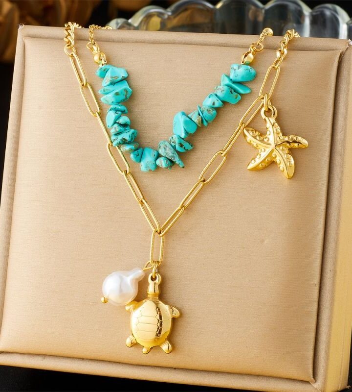 Gravel Beaded Starfish Turtle Double Necklace