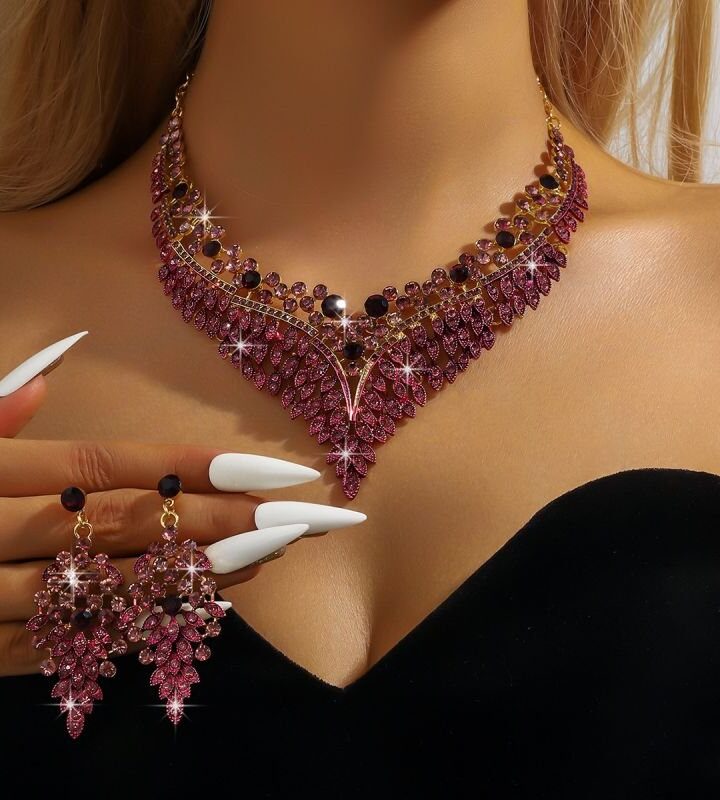 Purple Alloy Diamond Tassel Necklace + Earring Set