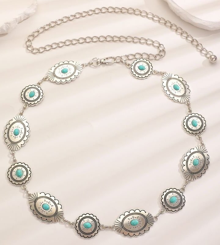 Antique Silver Oval Pattern Metal Waist Chain