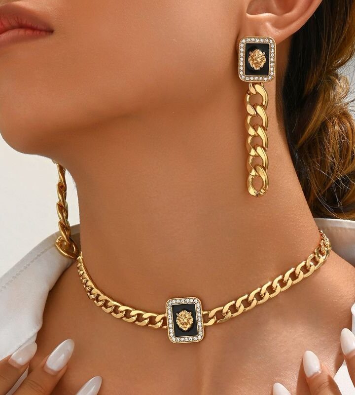 Gold Diamond-encrusted Lion Necklace + Earring Set