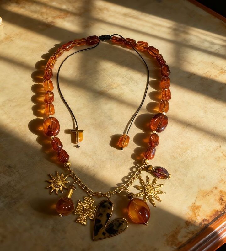 Amber Beaded Heart Cross Sun Necklace