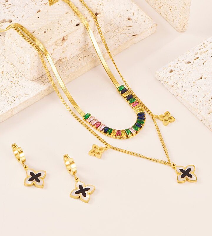 Square Diamond Double-layer Rhombus Flower Necklace + Earring Set