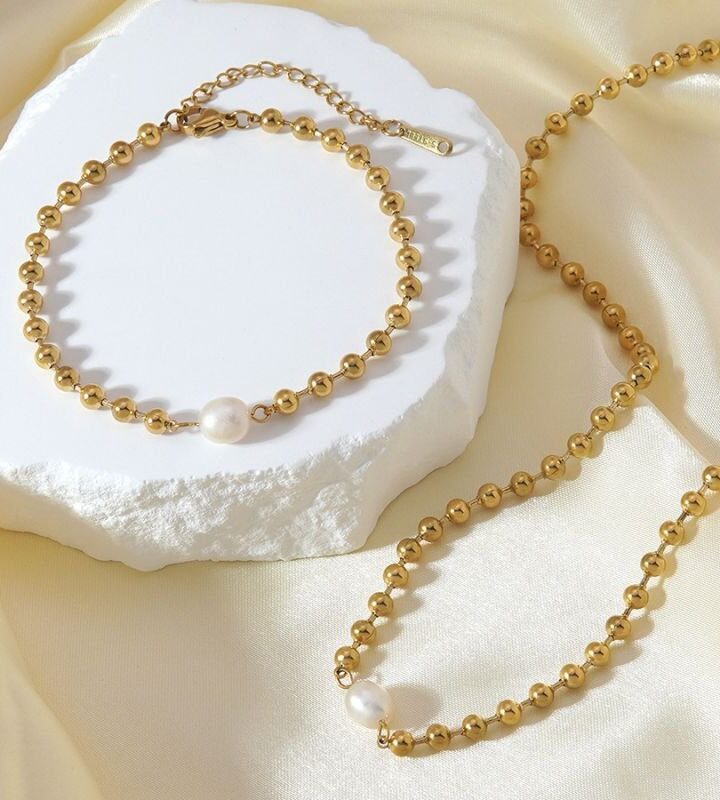 Beaded Chain Pearl Bracelet + Necklace Set