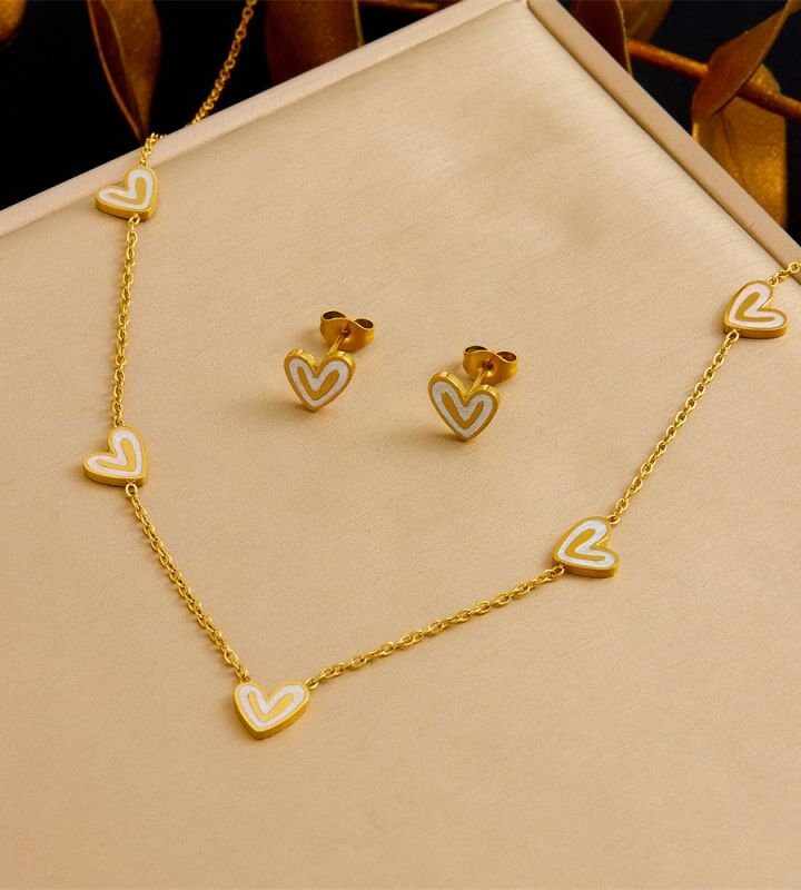 Gold Heart Necklace + Earring Set