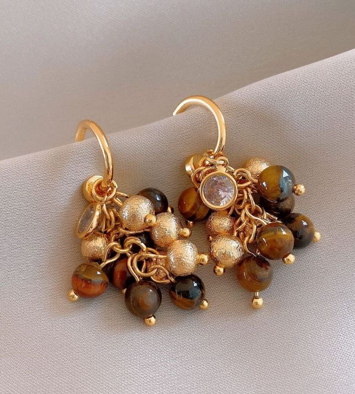 Ear Hooks - Gold - Brown Metal Beaded Hoop Earrings