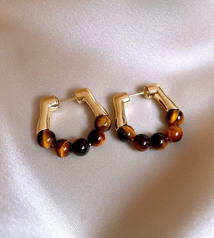 Brown Gold Plating Metal Beaded Earrings