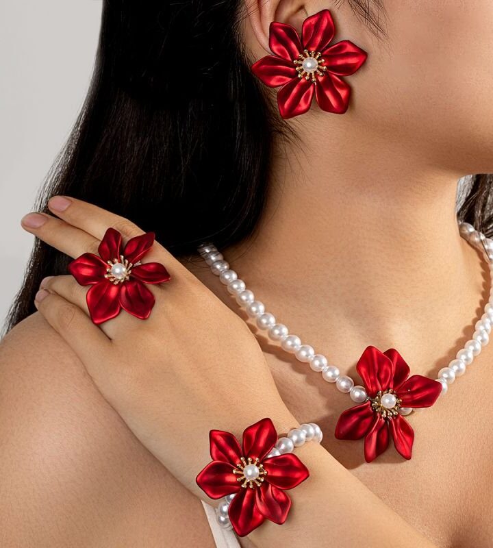 Pearl Beaded Flower Necklace Bracelet Earrings And Ring Set