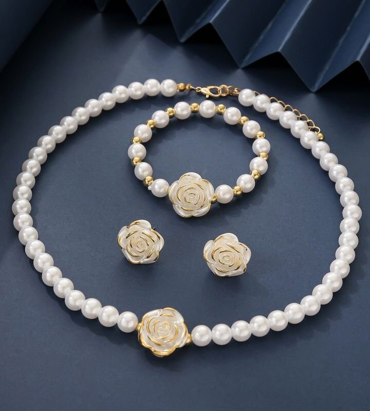 4 Pieces Pearl Beaded Flower Necklace + Bracelet + Earring Set