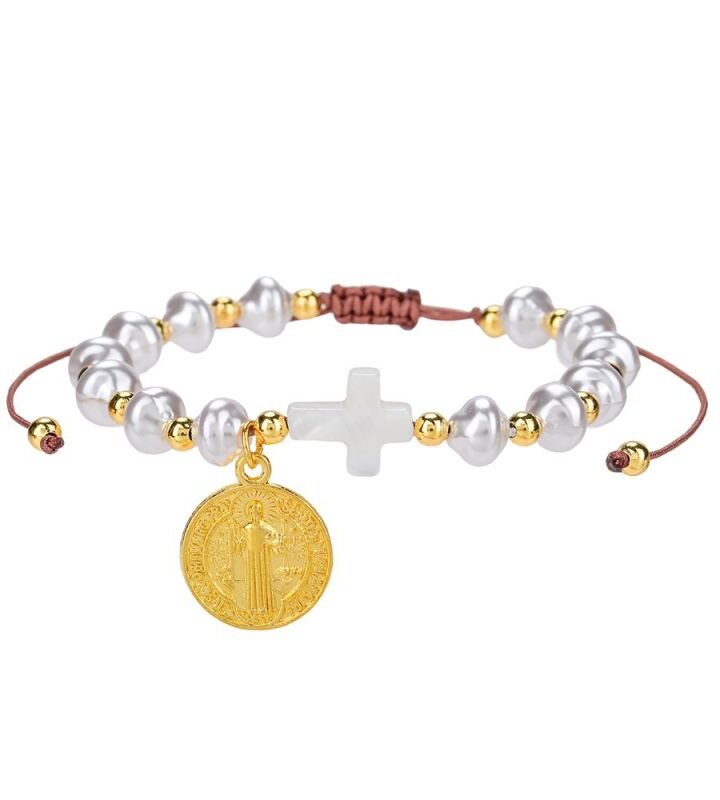 Pearl Beaded Cross Portrait Bracelet