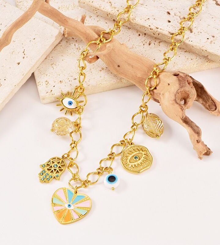 Evil Eye Heart Palm Pendant Necklace