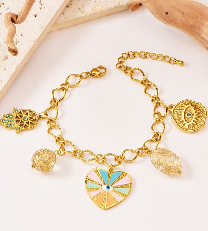 Evil Eye Heart Palm Pendant Bracelet
