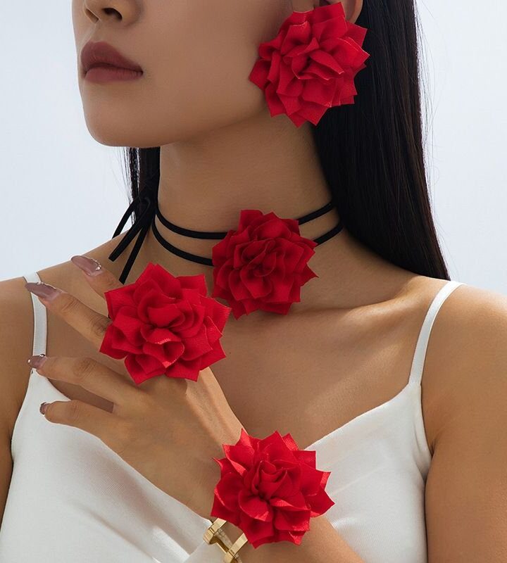 Flower Necklace + Bracelet + Ring + Earring Set
