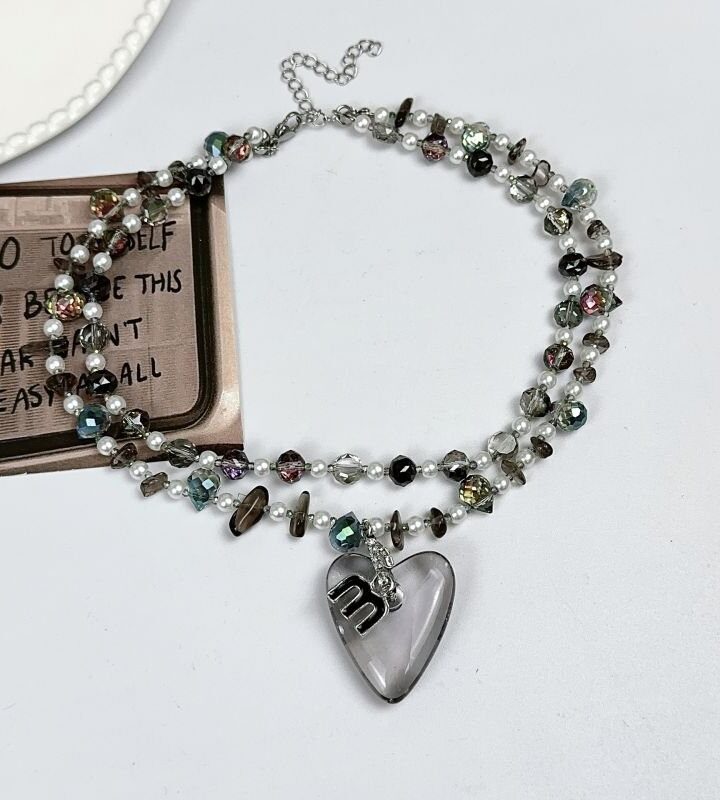 Heart-shaped Letter M Necklace - Crystal Beaded Heart-shaped Letter M Necklace