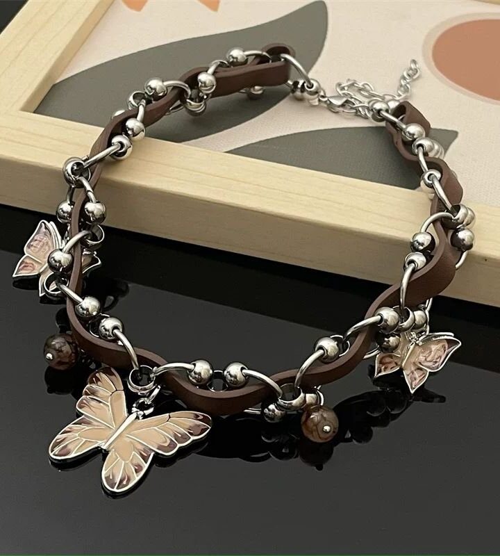 Brown Butterfly Pendant Choker Sweet Necklace With Leather Patchwork