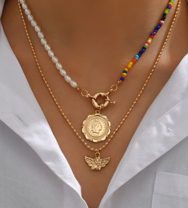 Angel Coin Imitation Pearl Colored Seed Bead Necklace