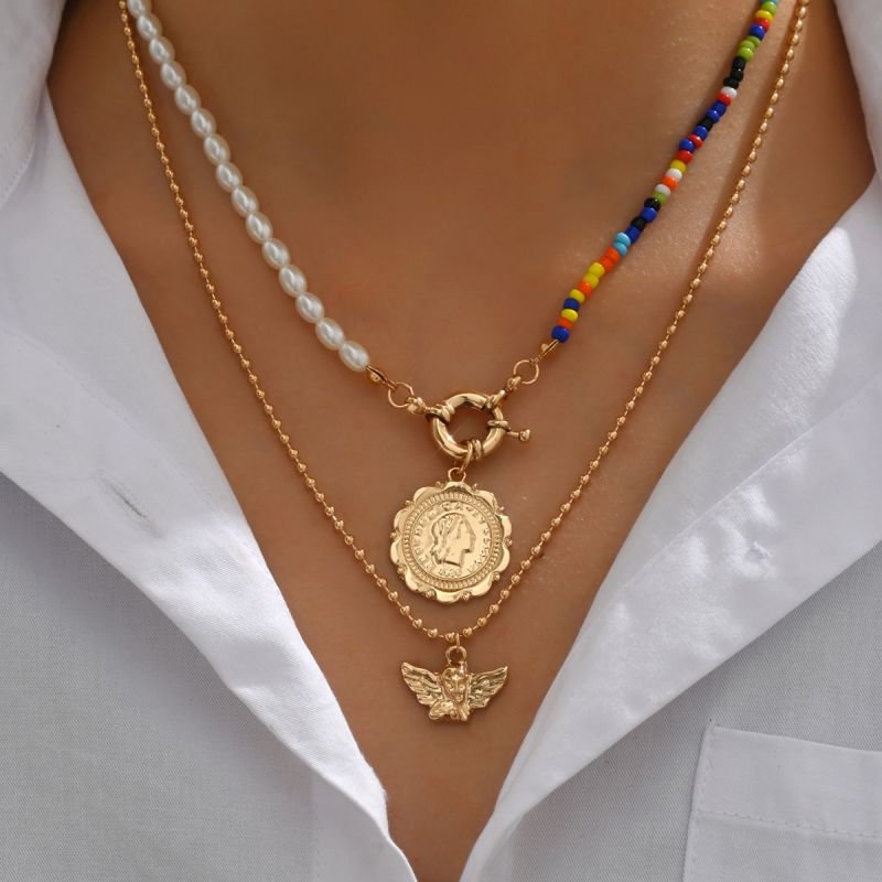 Angel Coin Imitation Pearl Colored Seed Bead Necklace