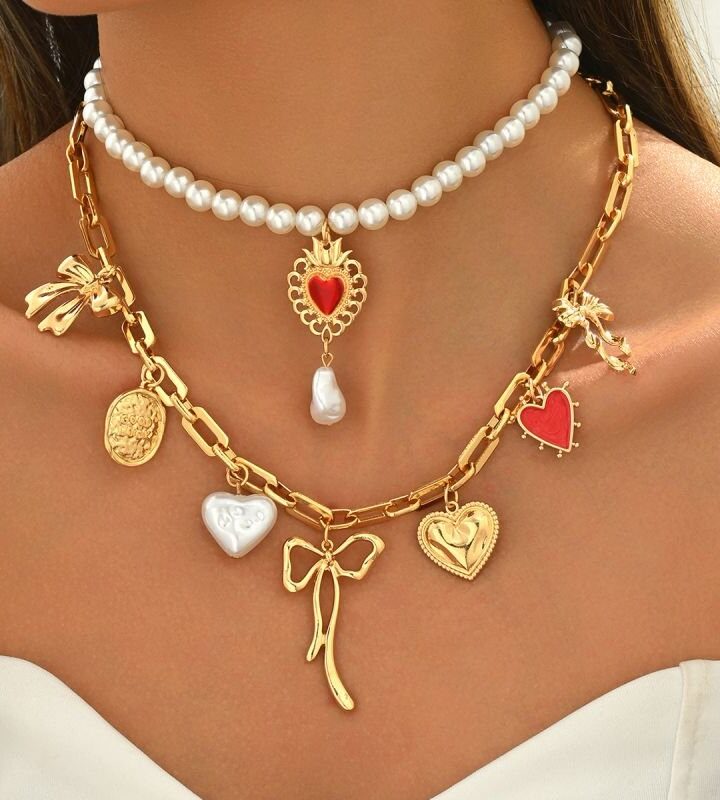 Gold Oil-dripping Heart-shaped Bow Pearl Multi-layer Necklace