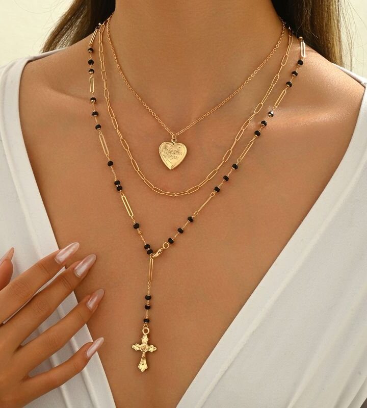 Heart-shaped Cross, Multi-layered Cross Geometric Heart Necklace