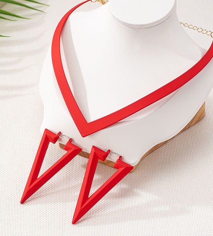 Red European Necklace + Earrings Set With Geometric V-shaped Design