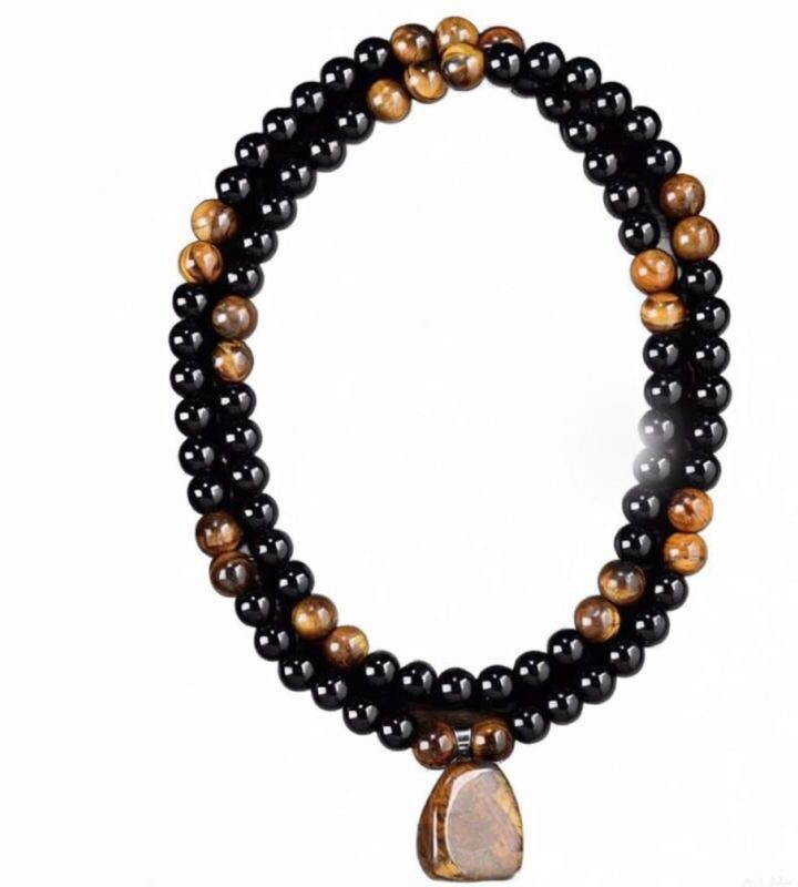 Obsidian Tiger Eye Natural Stone Beaded Irregular Pendant Necklace