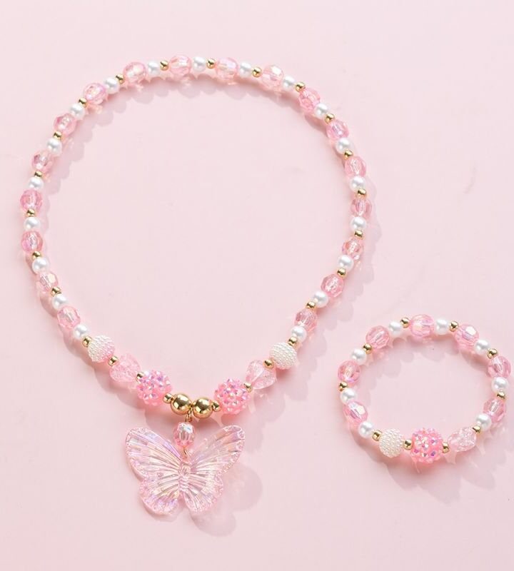 Pink Butterfly Resin Kids Necklace + Bracelet Set