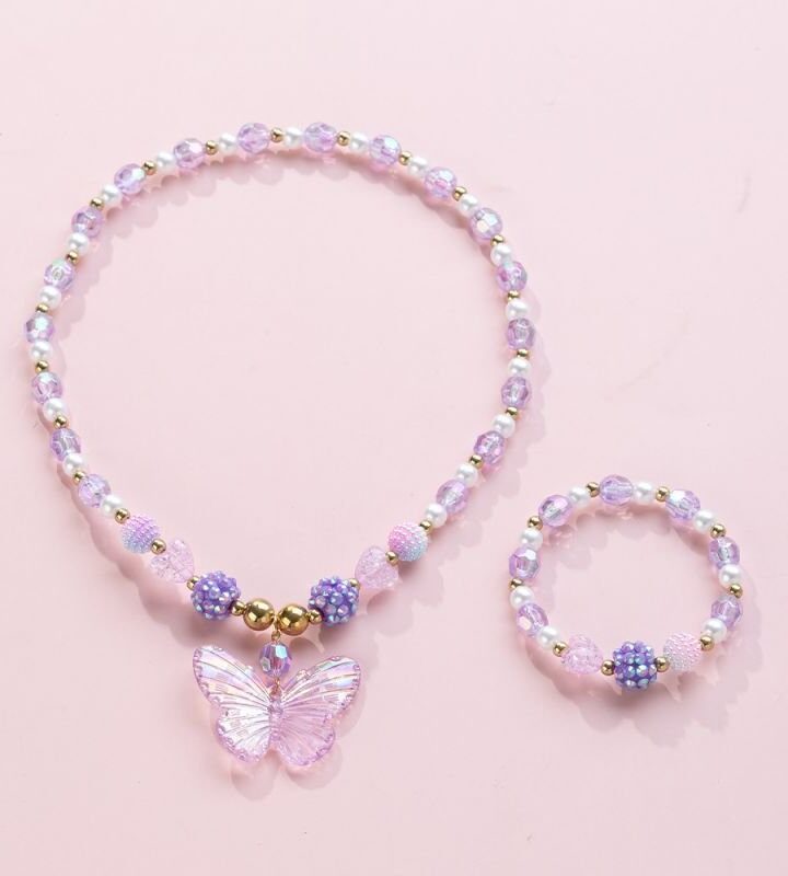 Purple Butterfly Resin Kids Necklace Bracelet Set