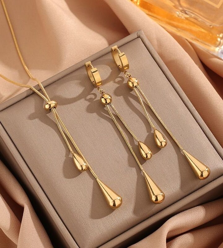 Waterdrop Tassel Stainless Steel Necklace + Earrings Jewelry Set