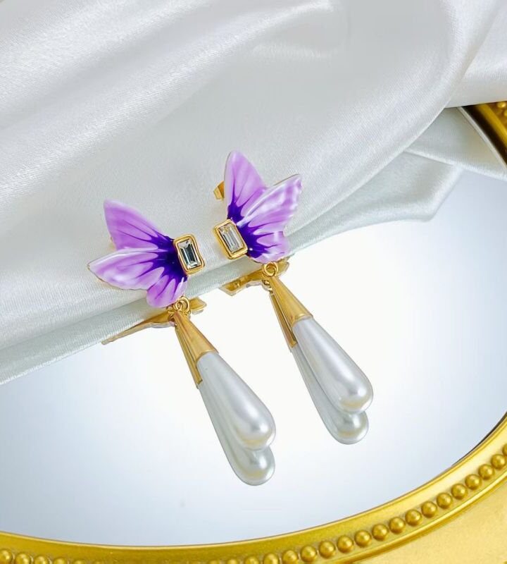 Purple French Butterfly Pearl Tassel Drop Earrings