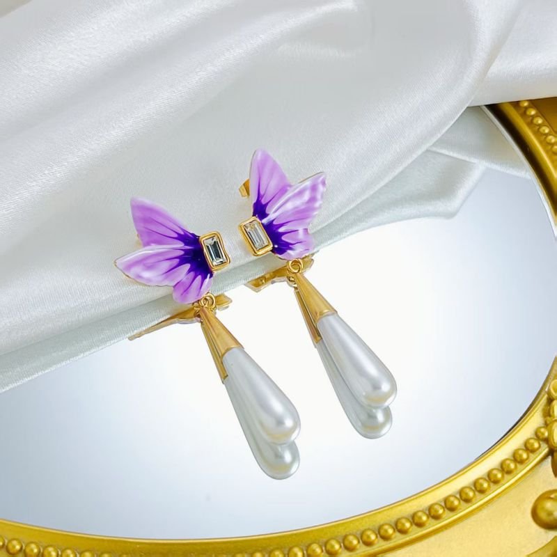 Purple French Butterfly Pearl Tassel Drop Earrings